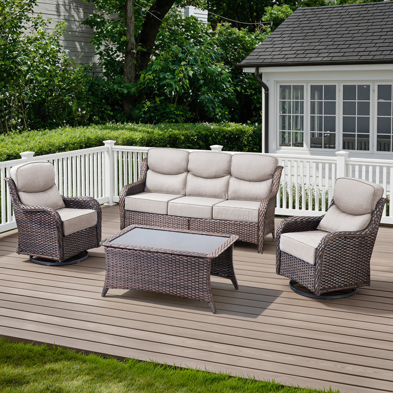 Outdoor Patio Wicker Sofa Conversation Set With Swivel Chairs And Coffee Table, Beige, Brown