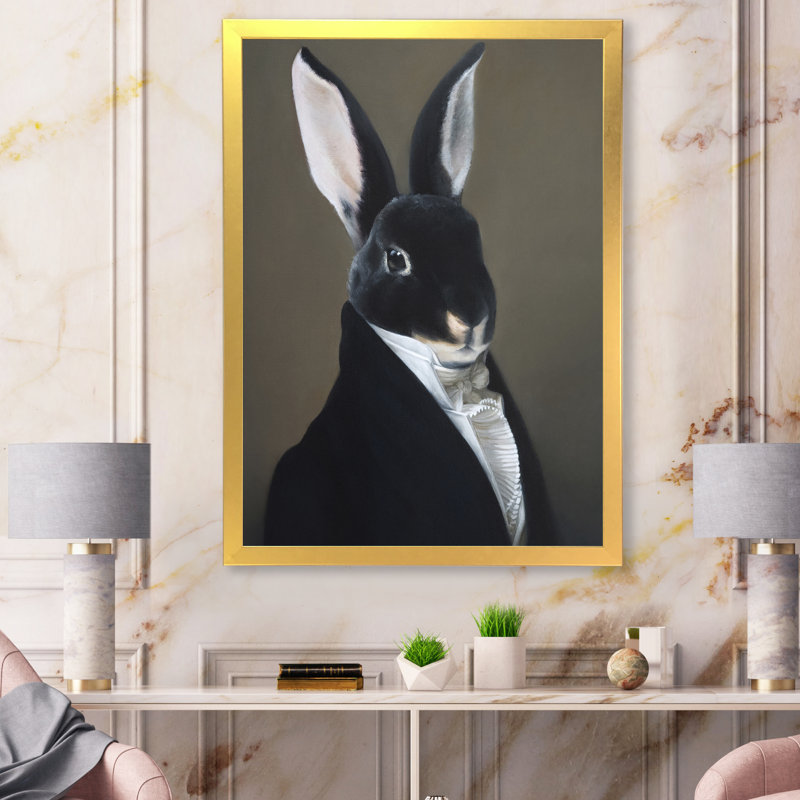 Portrait d'un lapin habillé - Peinture sur toile, H 20 po x l 12 po x P 1 po, Encadrement doré