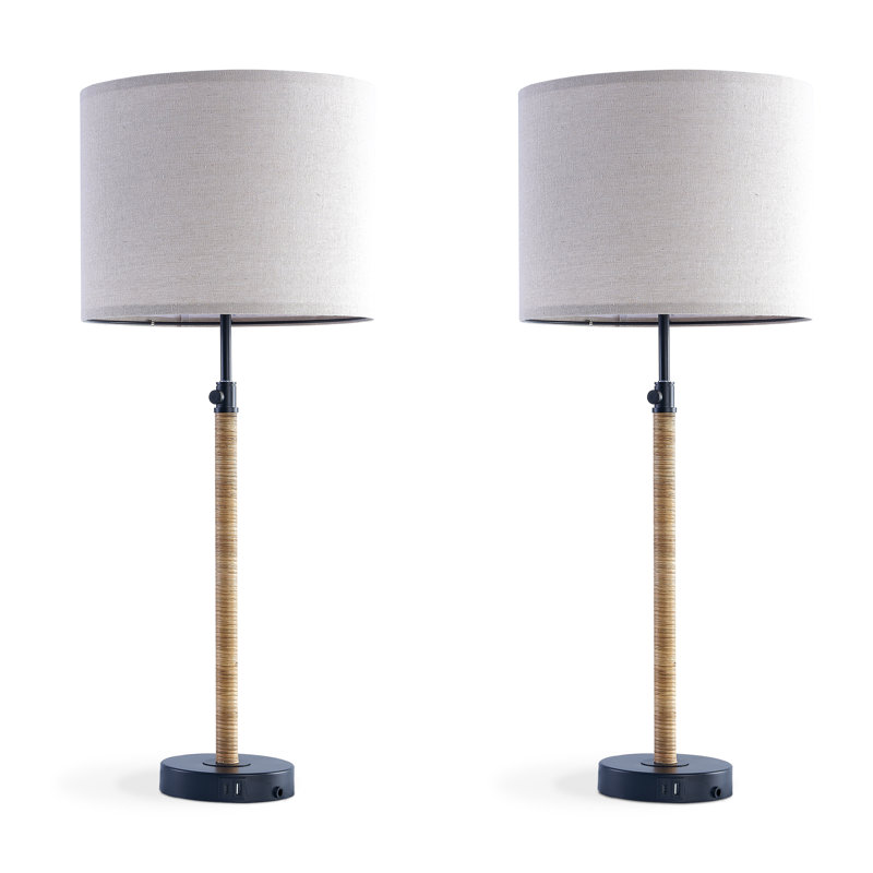 33 in. Black Modern Farmhouse Metal Rattan For Bedroom/Living Room Bedside Desk Nightstand Tall Table Lamps With Oatmeal Linen Drum Shade And USB/TYPE-C Prot