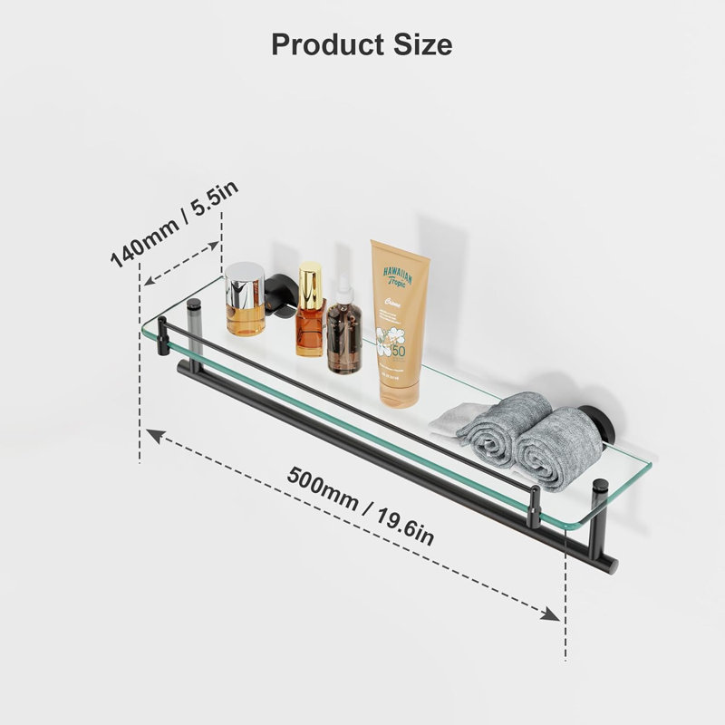 Codee Glass Floating Shelf with Towel Bar, Matte Black