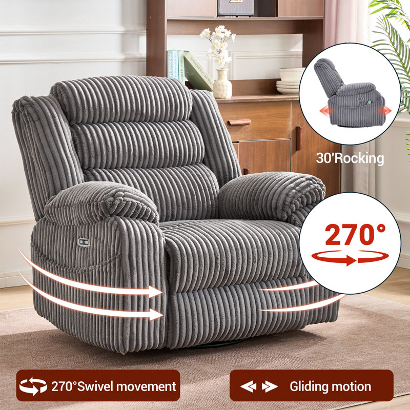 Gray Velvet Extra Wide Swivel Recliner with Massage and Heat