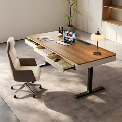 Modern Light Luxury Brown Solid Wood Smart Electric Height Adjustable Desk, Home Study & Office Computer Workstation