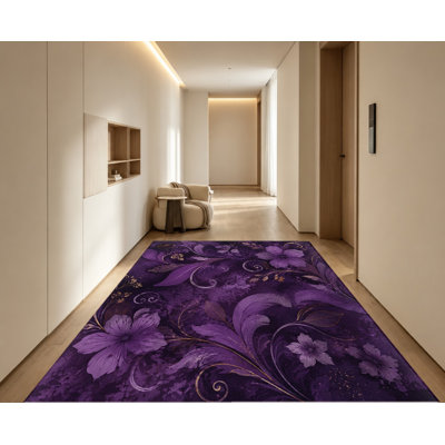 Tapis de style floral et botanique, motif violet et or, design artistique, lavable à la machine, antidérapant, décoration intérieure élégante pour salon, chambre, entrée, cuisine, balcon, appartement