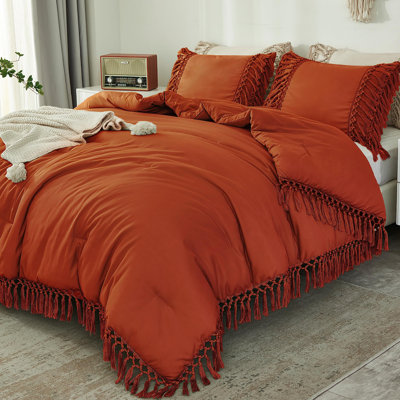 Andency Queen Comforter Set Burnt Orange, 3 Pieces Boho Terracotta Lightweight Fall Bedding Comforter Sets, Tassel Rust Bed Set (90x90In Comforter & 2 Pillowcases)