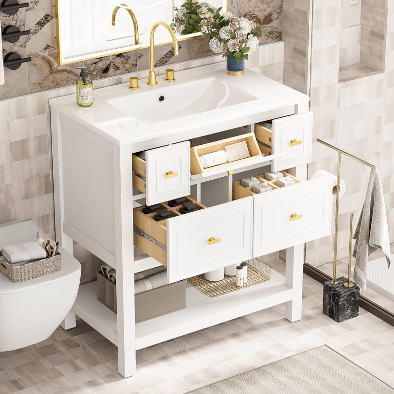 Meuble-lavabo en céramique 30 po - blanc, bois massif, 5 tiroirs, style moderne avec structure en bois