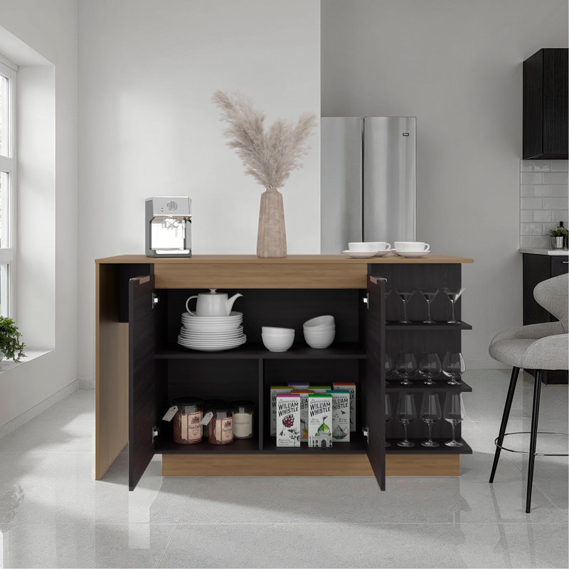 Îlot de cuisine avec armoire de rangement et porte-verre à vin, wengé et chêne naturel Urie