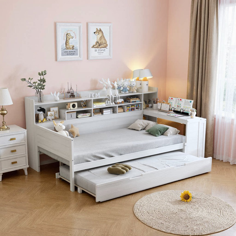 Lit de jour simple peu encombrant avec lit gigogne, tablettes de rangement et bureau - Blanc antique