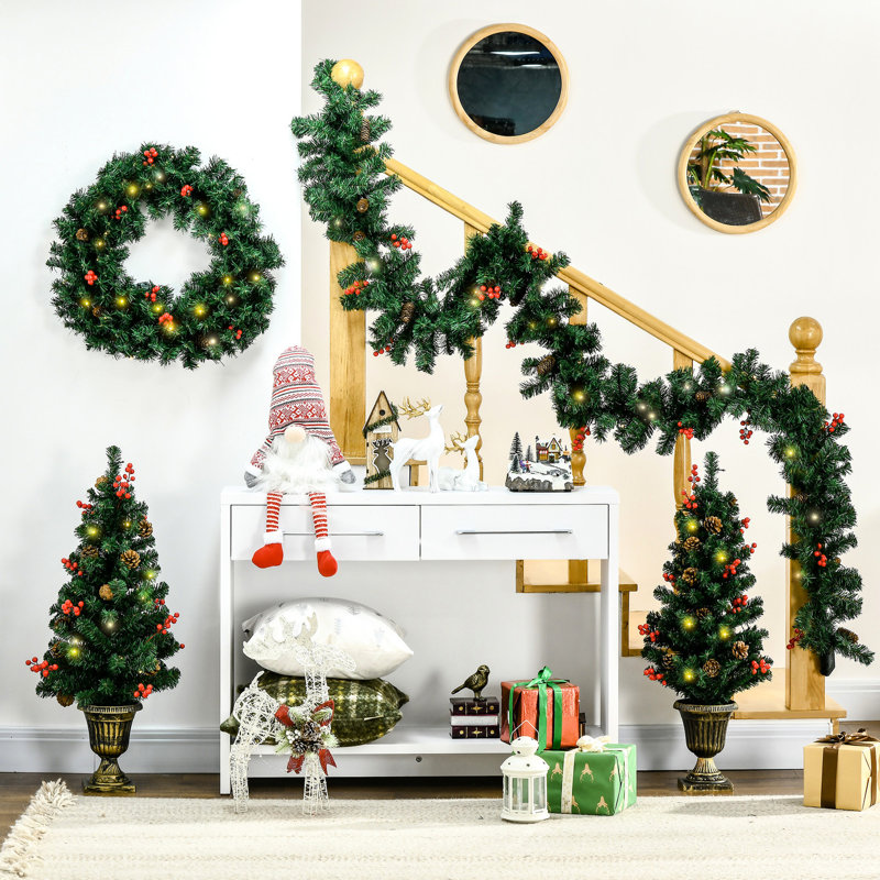 Ensemble de 4 décorations de Noël avec: baies rouges, pin et 2 arbustes d'entrée, arbres