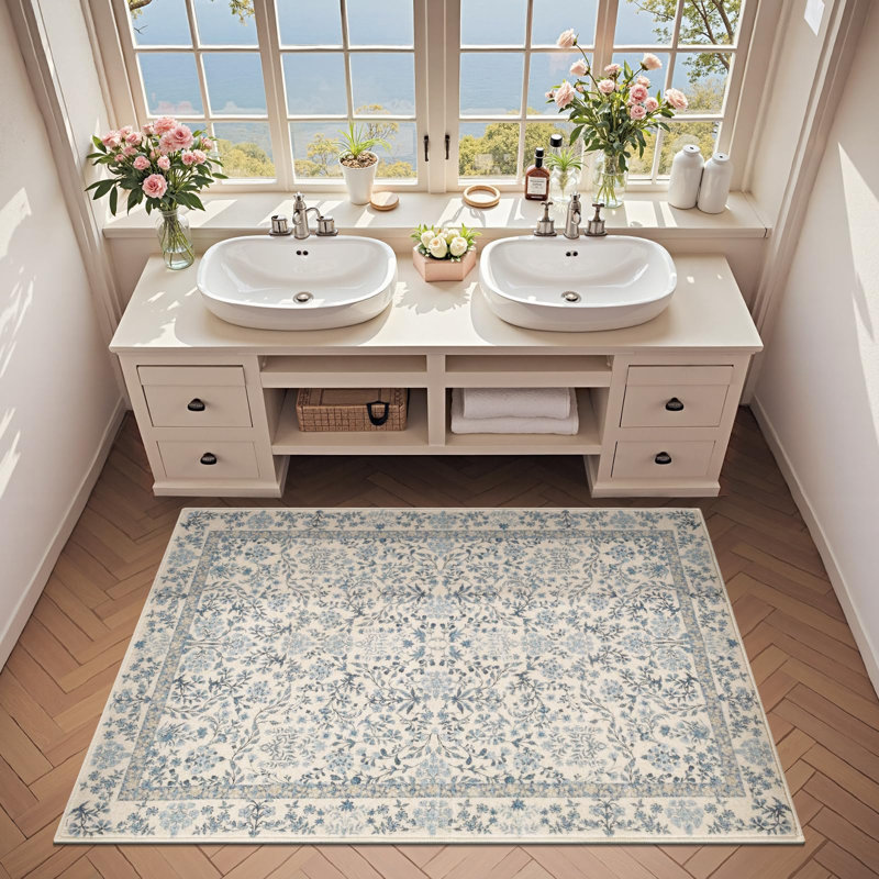Floral Machine Washable Area Rug, Rectangle 3' x 5', Blue
