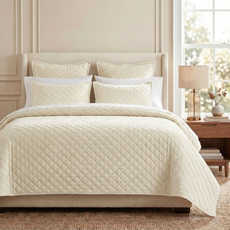 Ensemble de courtepointe Velvet Diamond, Crème, crème, Courtepointe pour lit double/grand et 2 taies déc