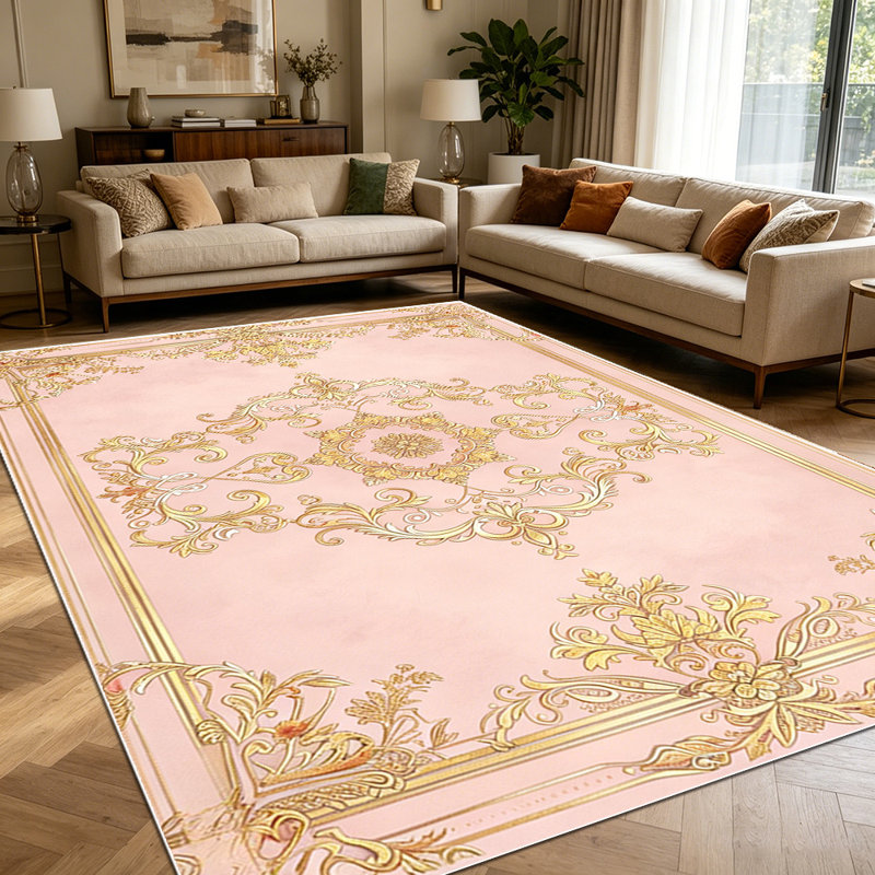 1PC Vintage Pink Gold Baroque Damask area rugs for Living Room, Soft and Comfortable, Suitable for all seasons, easy-to-maintain, machine washable Indoor floor mat, Under Table Farmhouse suitable for dining room, bedroom, entryway, kitchen, patio,