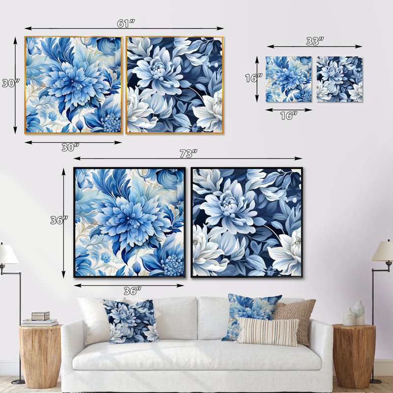 Beaucanton - Ensemble de 2 collages floraux carrés, Cadre flottant blanc, H 30 po x l 61 po