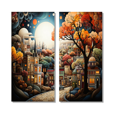 Cozy village in Autumn Moonlit - City Art Deco, reproduction d'art sur toile, paysages urbains bruns, ensemble de 2