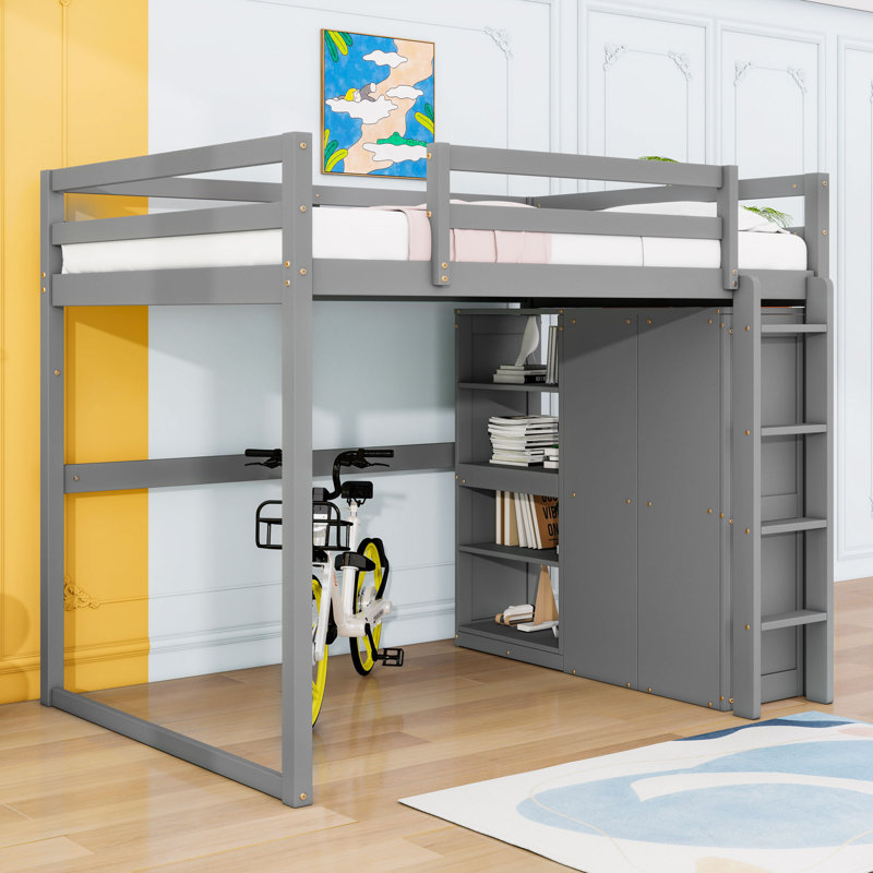 Lit mezzanine double avec garde-robe et lumière DEL, Gris