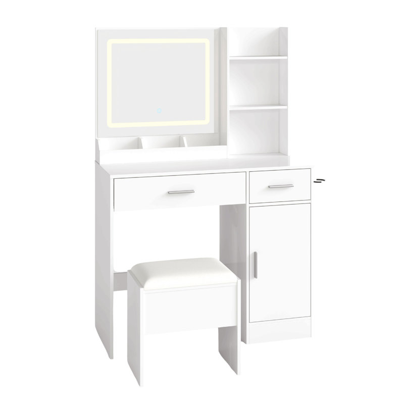 Makeup Vanity Set, Vanity Desk With Stool, Led Light Mirror And Charging Station, White