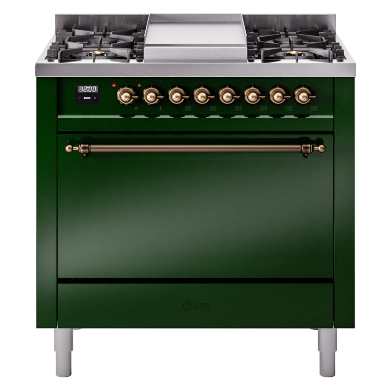 ILVE Nostalgie II 36 in Dual Fuel Range, Liquid Propane, Emerald Green/Bronze