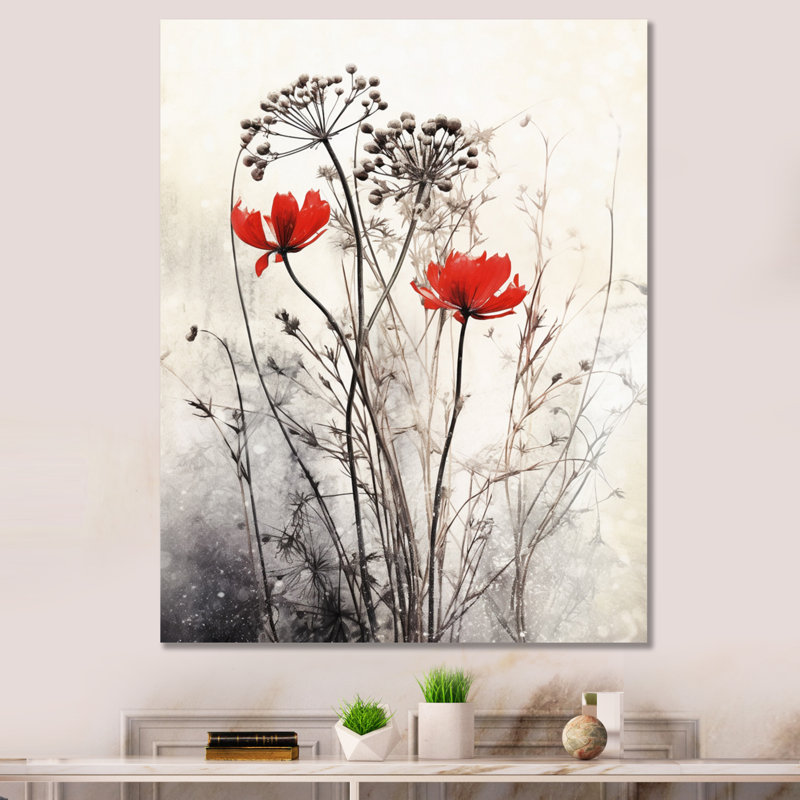 Décoration murale florale rouge et grise I, Sans cadre, H 32 po x l 16 po x P 1 po, Toile tendue
