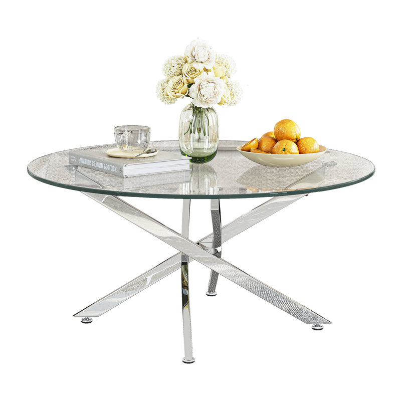 Ayala 35.43" Round Coffee Table with Glass Top, Silver