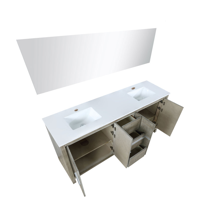 Ensemble de meuble-lavabo double 72 po avec miroir Lafarre, Acacia rustique, Marbre de culture blanc