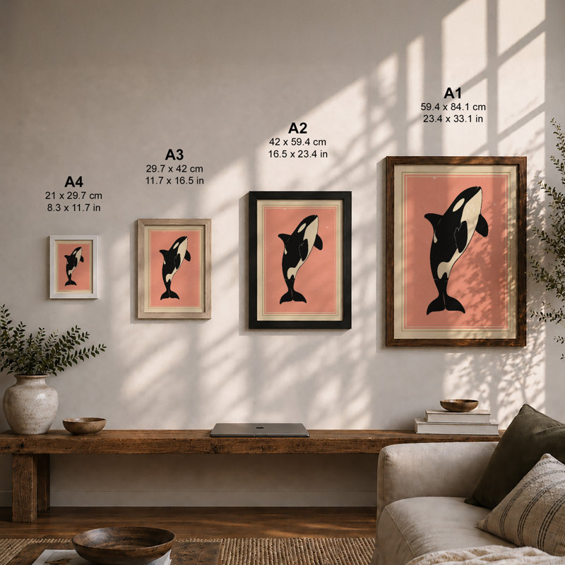 Leaping Orca Mid-Century - Framed Print, Black, A4 - 29.7 x 21.0 cm