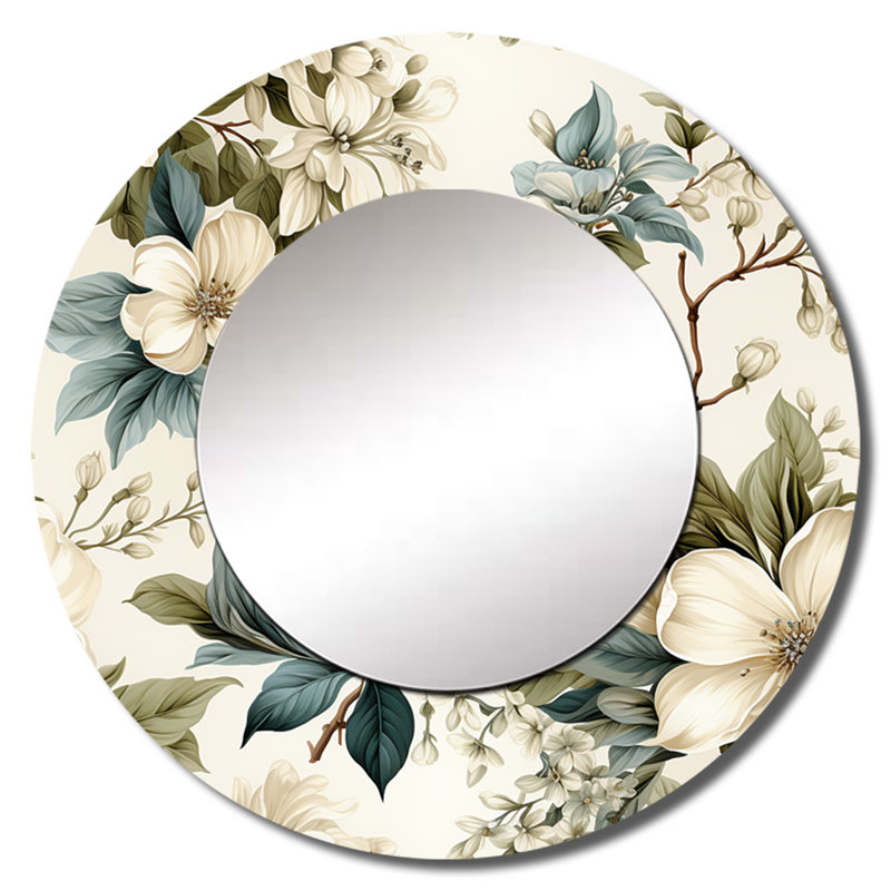 Vintage Flora - Plants Decorative Wall Mirror, Boho Large Round Mirror, Printed Metal Art, 29" x 29"