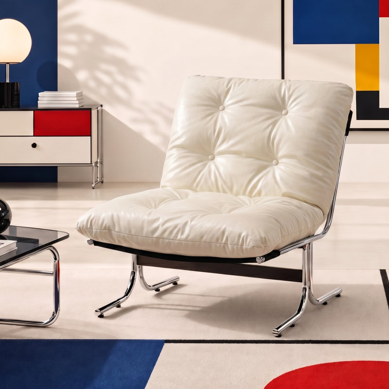 Mid-Century Modern Faux Leather Bauhaus Inspired Chrome Leg Lounge Chair, Glossy White