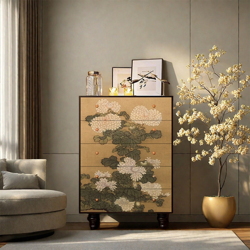 Armoire décorative à cinq tiroirs en pin, Noir