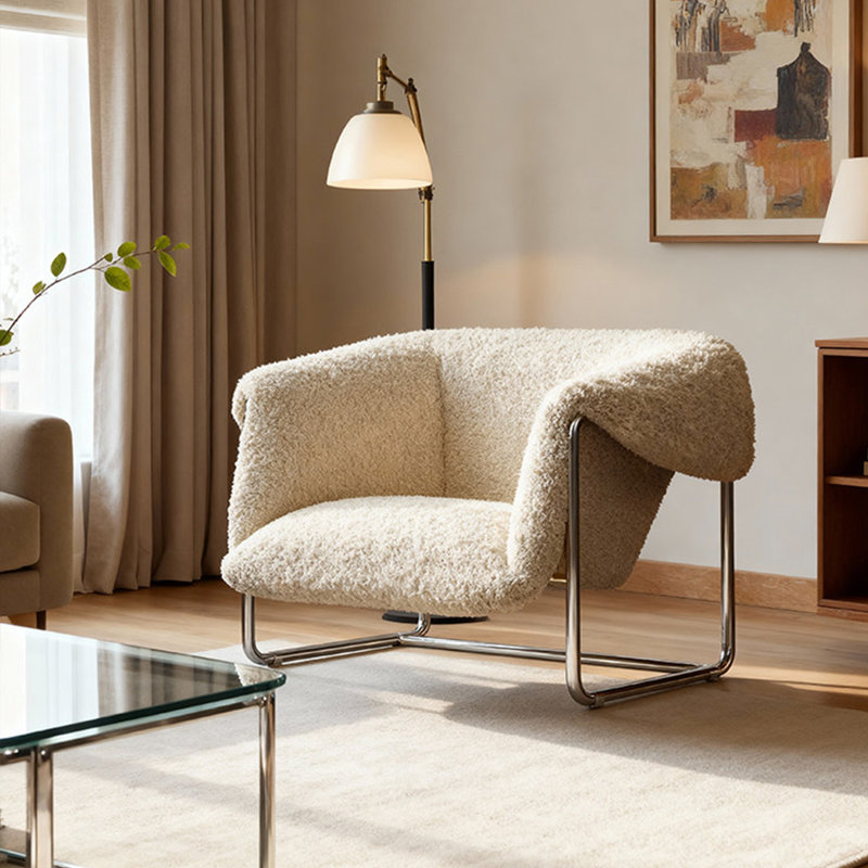 Fauteuil décontracté rembourré en acier inoxydable de style moyen-âge en tissu d'agneau