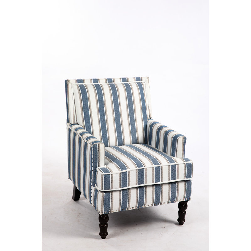 Chaise d'appoint de salon avec revêtement en lin rayé bleu et blanc, garniture cloutée de fauteuil rétro, confortable pour la pièce, confortable et durable