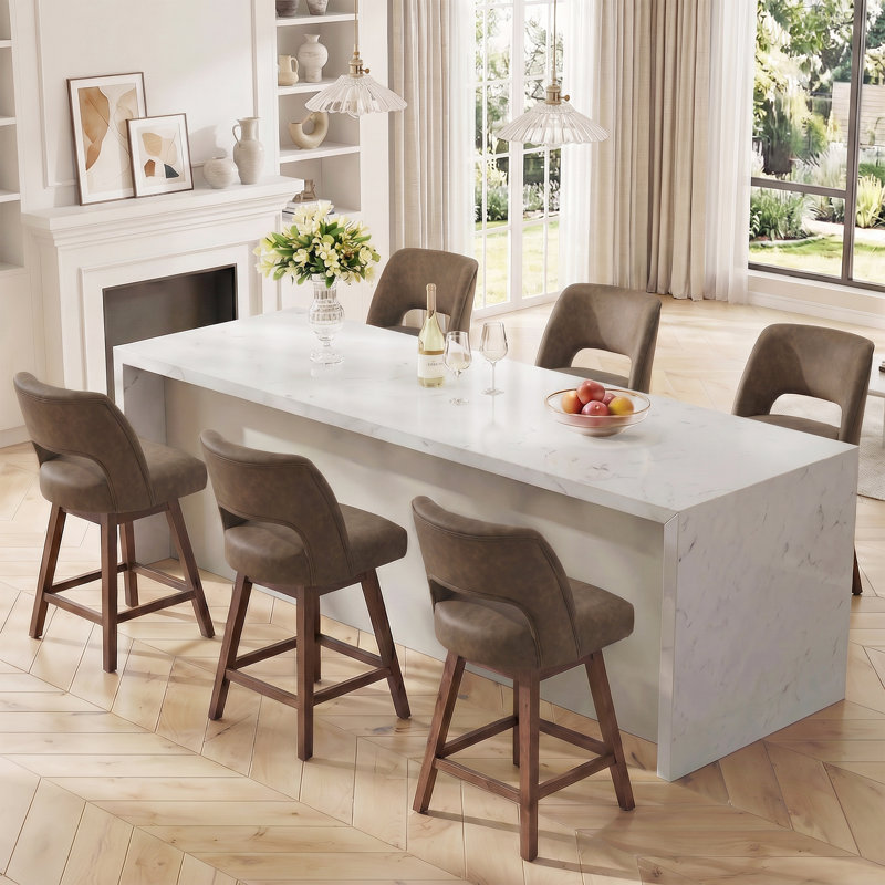 Tabouret de bar pivotant en similicuir avec structure en bois massif (ensemble de 6), Brun foncé / similicuir, 6, Noyer foncé