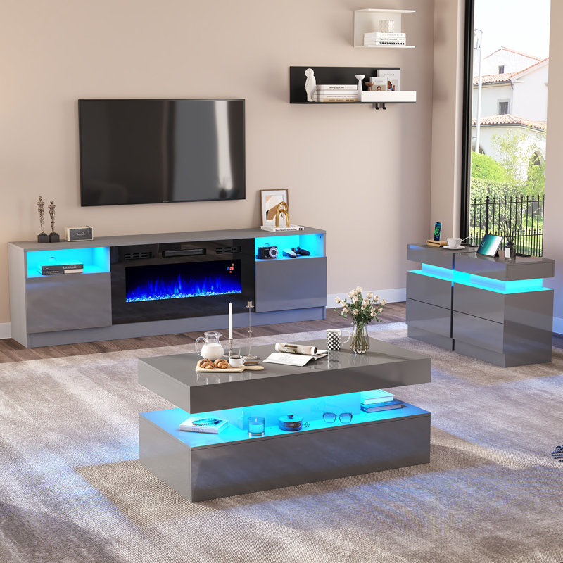 Bhhatu 4-piece Modern High Gloss Living Room Table Set,70" Fireplace Tv Stand, Coffee Table,2 End Table,Gray, Gray
