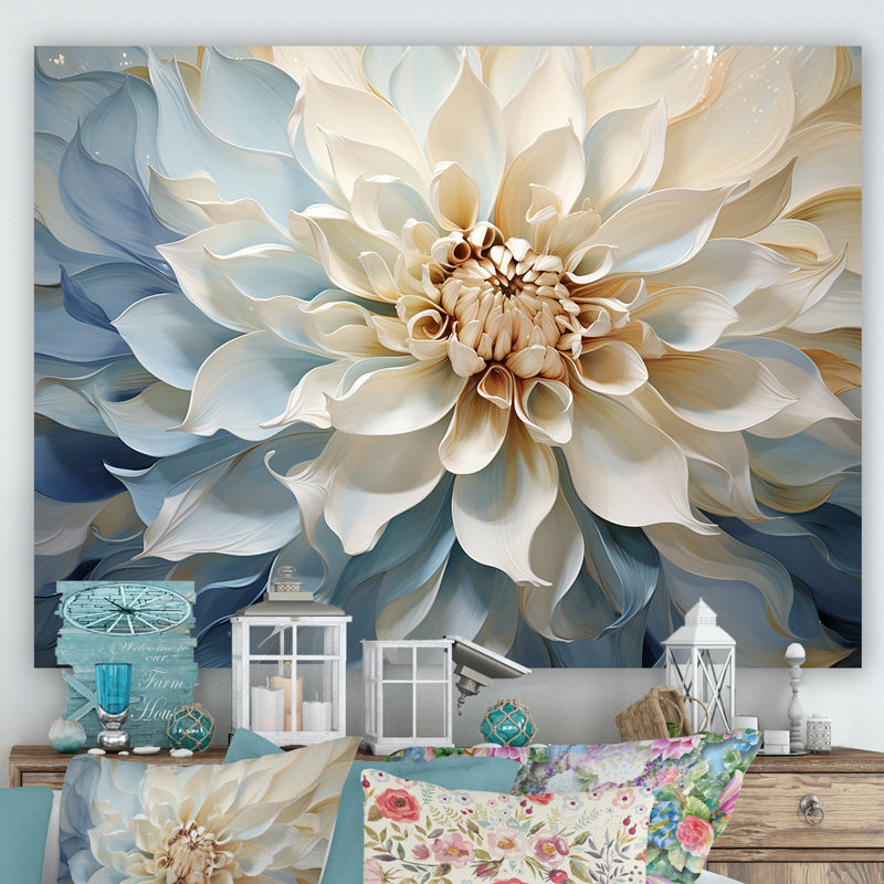 Blanc et bleu fleur de dahlia minimalisme - art mural dahlia, H 34 po x l 44 po x P 1,5 po, Toile tendue