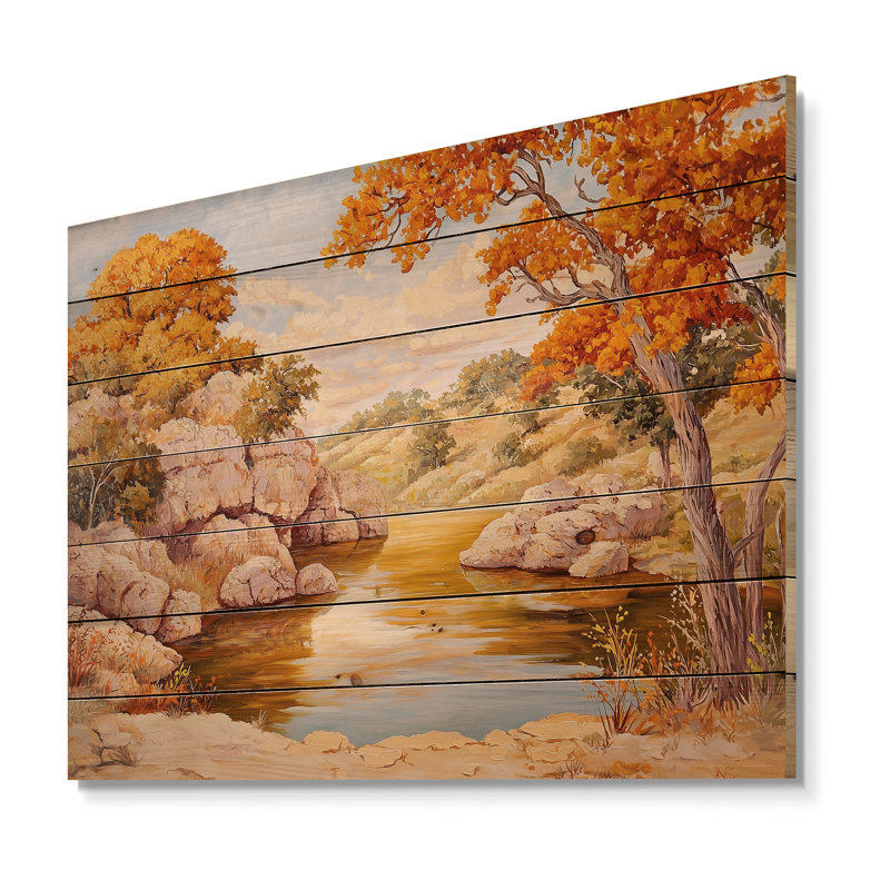 Pecos River In Texas I - Décoration murale paysage moderne sur bois de pin naturel, H 10 po x l 20 po