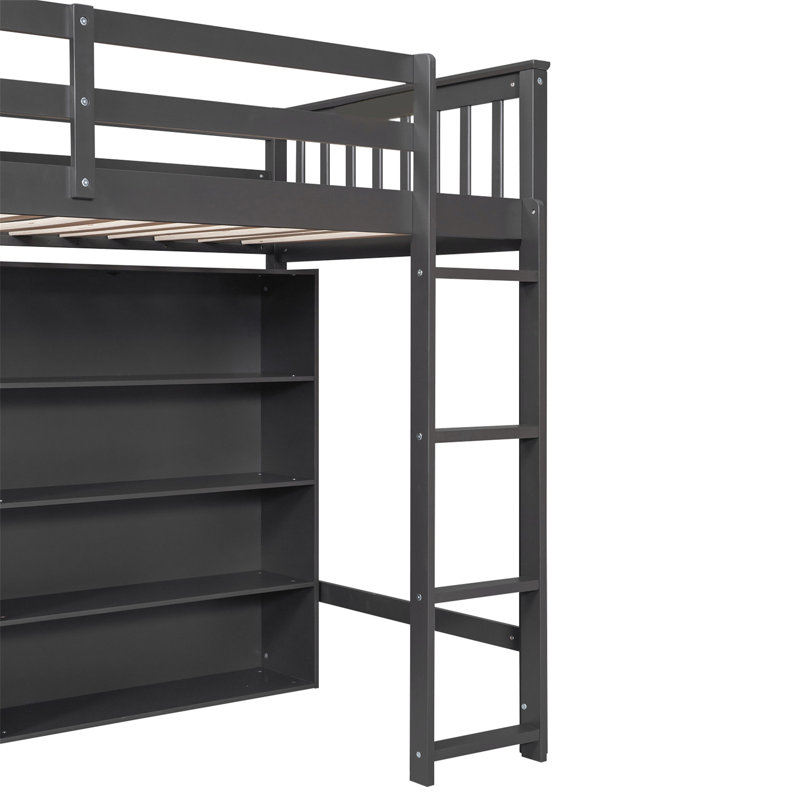 Lit mezzanine en bois de 62,2 po de hauteur avec tablettes de rangement et lit encastré avec échelle intégrée, Lit simple