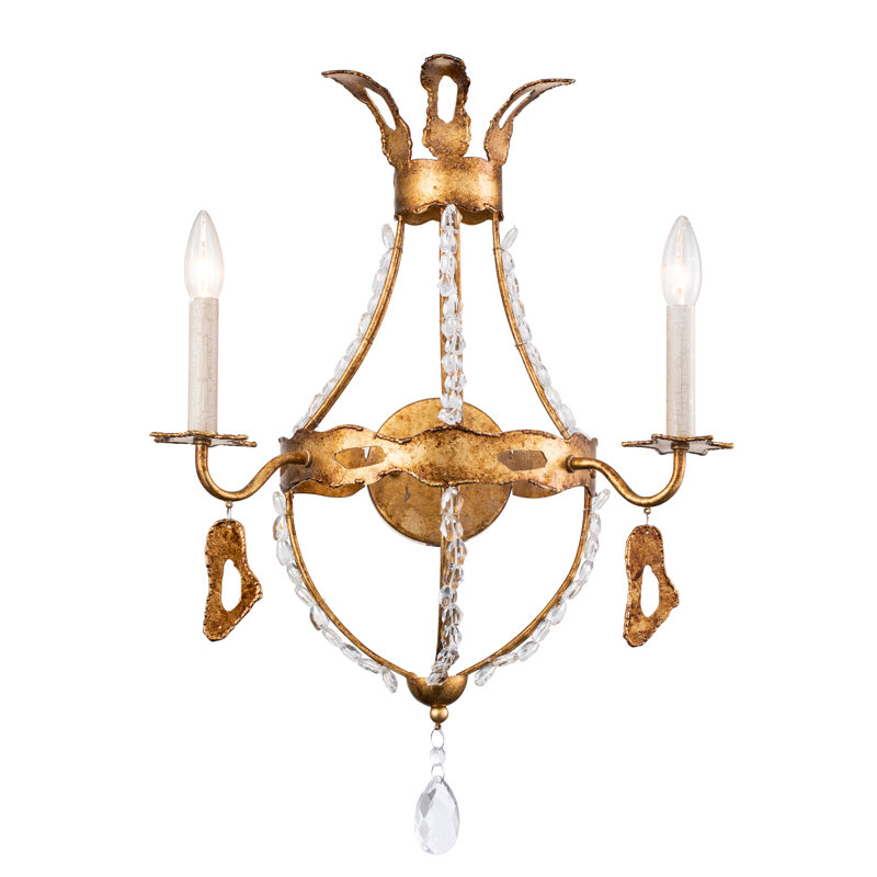 Applique murale 2 lumières Fernande Monteleone en feuille d'or avec perles en cristal
