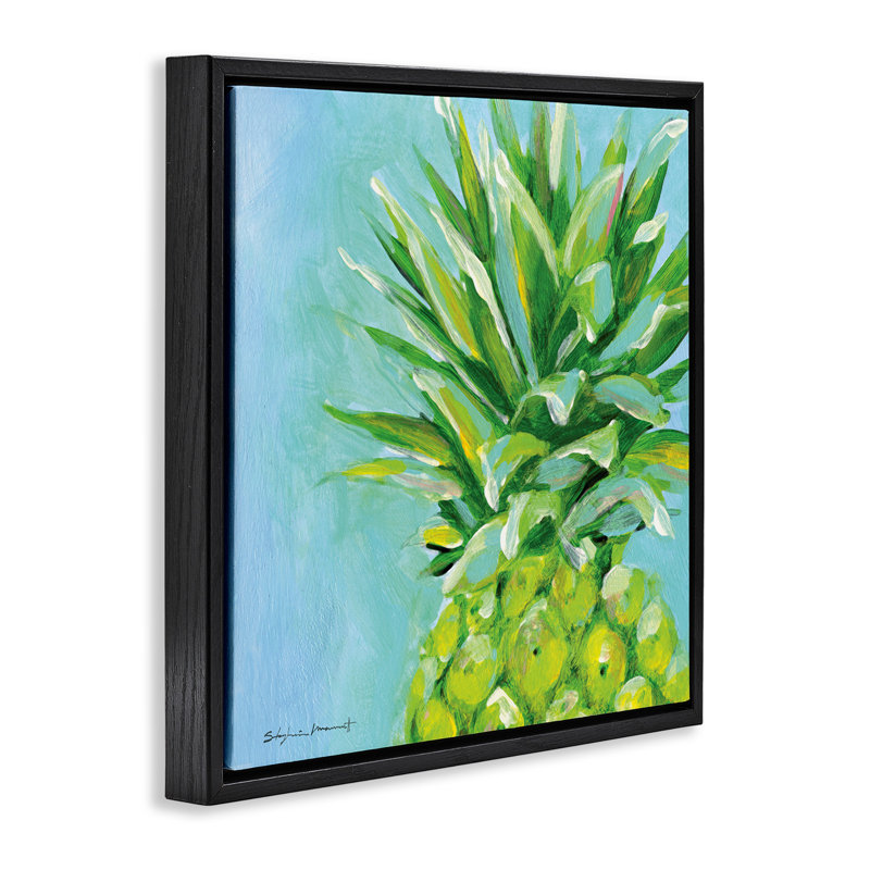 Ananas tropical sur fond bleu, H 18 po x l 18 po, Cadre flottant noir de jais
