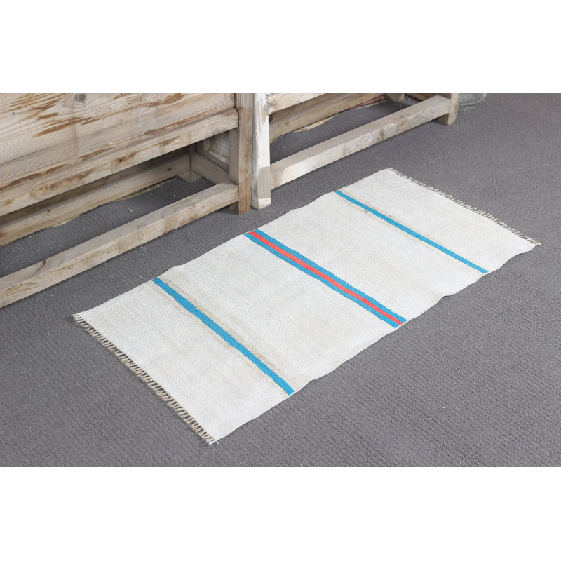 Small Striped Turkish Oushak Rug in White Ideal for Entryway or as Door Mat