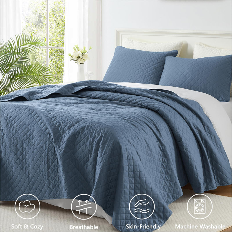 Homelike Moment Twin Quilt Set, Lightweight Quilts, Soft Beige, Queen Quilt + 2 Standard Shams, Diamond Blue
