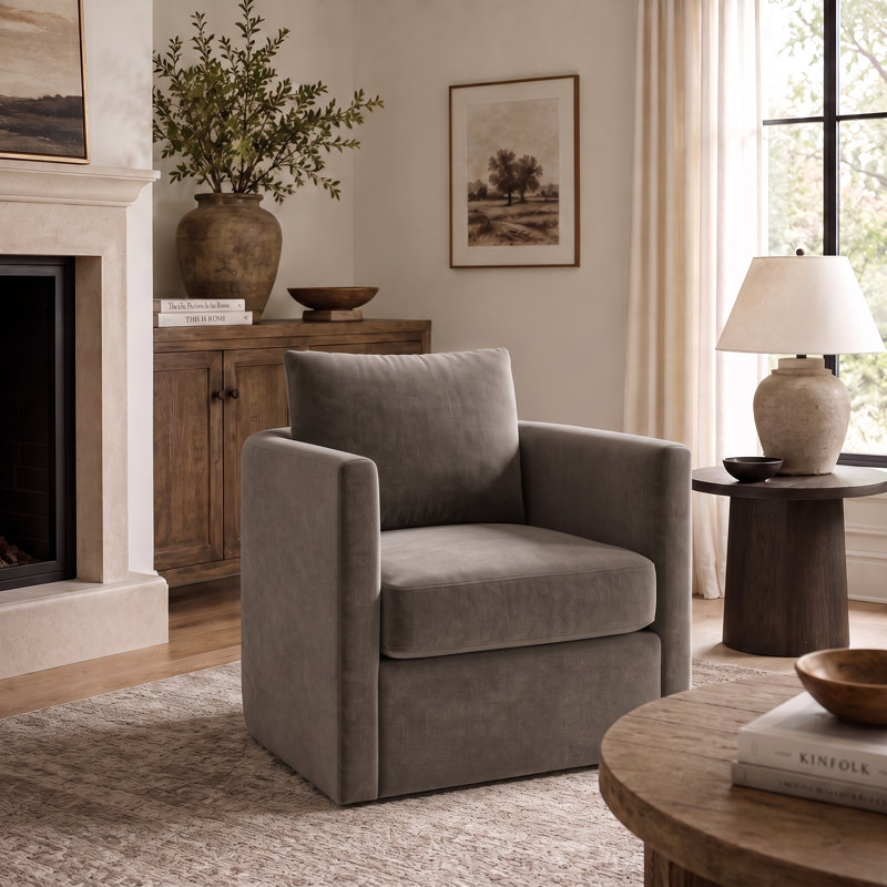 Carmella Upholstered Swivel Chair, Andrew Driftwood Performance Chenille