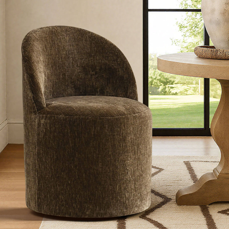 Rolling Chenille Upholstered Dining Chair With Hidden Casters, Brown, 1