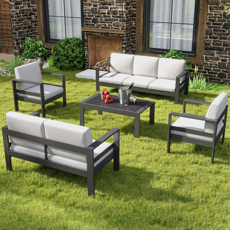Ensemble de conversation à canapé pour 5 personnes en métal avec coussins 7 pièces, Coussin beige / structure gris foncé