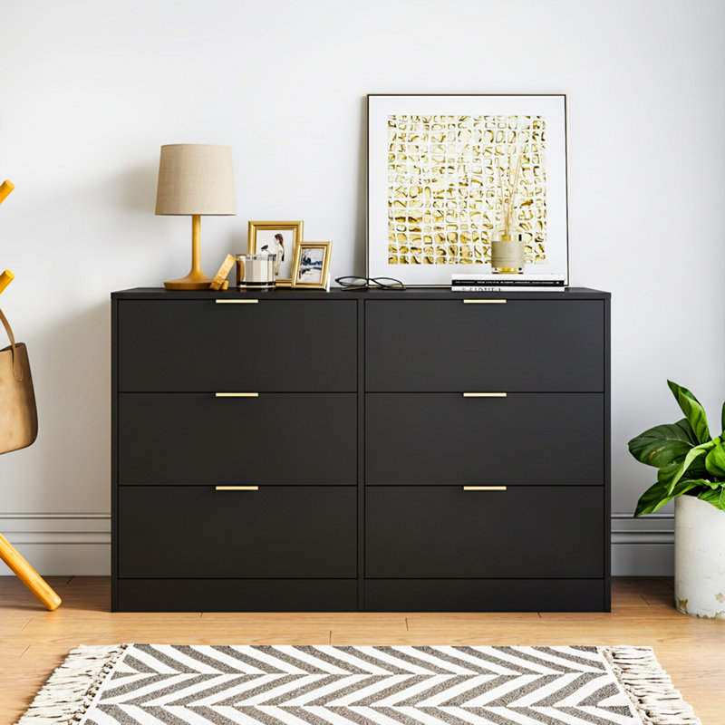 6 Drawer 47.1" W Wood Modern Double Dresser, Black