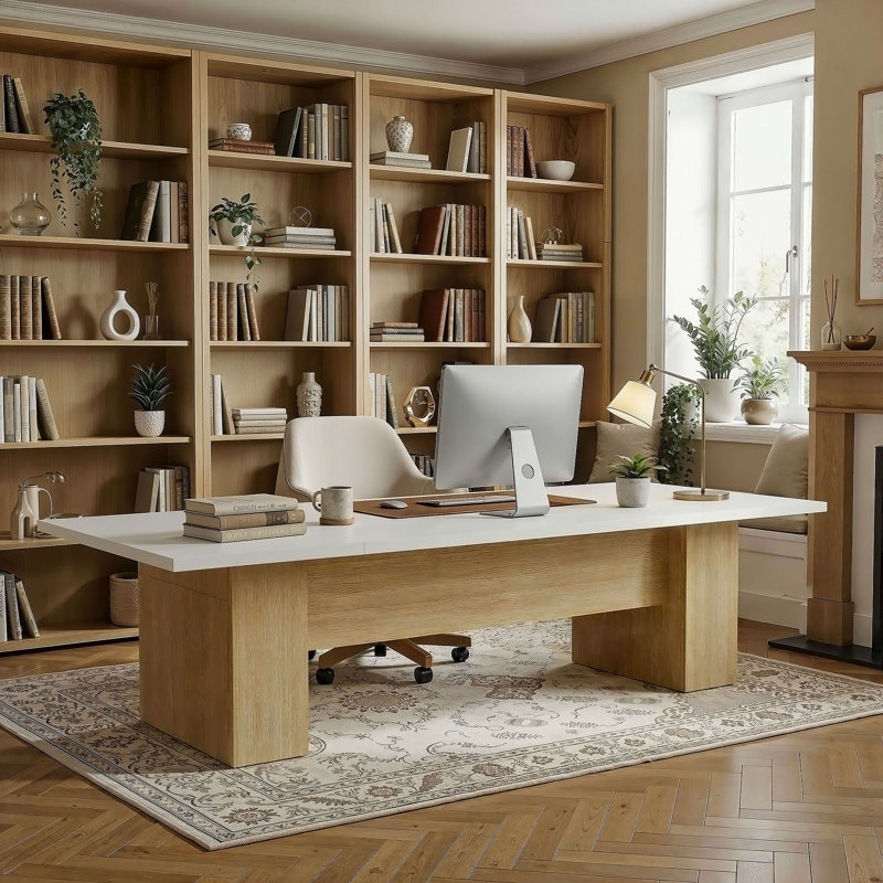 118'' Large Executive Desk, Modern Computer Desk With Spacious Desktop, White/Oak
