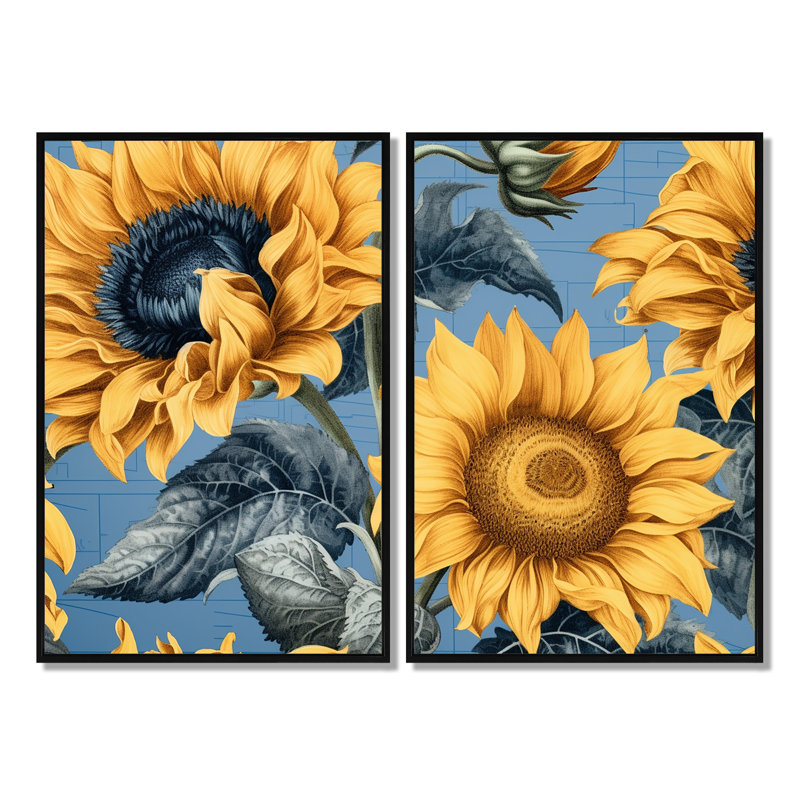 Tournesol doré collage - grand art mural floral 2 panneaux, Noir, H 36 po x l 48 po, Reproduction encadrée sans passe-partout