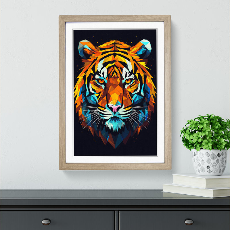 XYZ-FRM-V1223-1630 Tiger Geometric - Single Picture Frame Print on Wood, Oak, 46cm H x 34cm W x 2cm D
