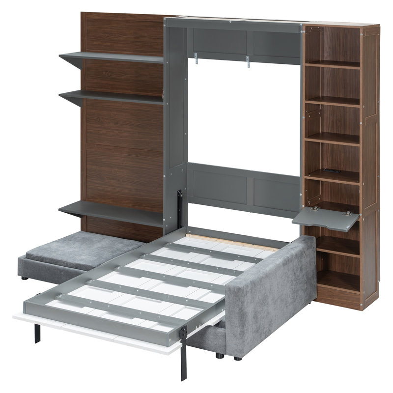 Lit escamotable avec armoire de rangement, tablettes ouvertes et port USB, grand canapé à l'avant, panneau imprimé paysage de montagne, lit mural peu encombrant pour chambre à coucher, chambre d'amis et appartement