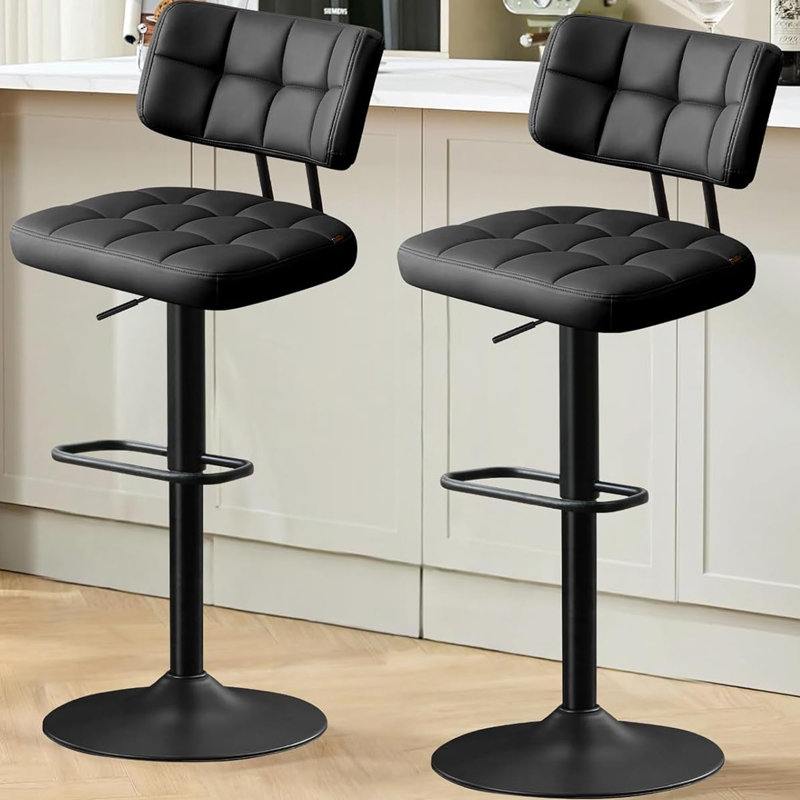 Tabourets de bar pivotants de 19,3 po de largeur, recouverts de similicuir, hauteur de comptoir réglable, avec repose-pieds, coussin épais et dossier incurvé (ensemble de 2)