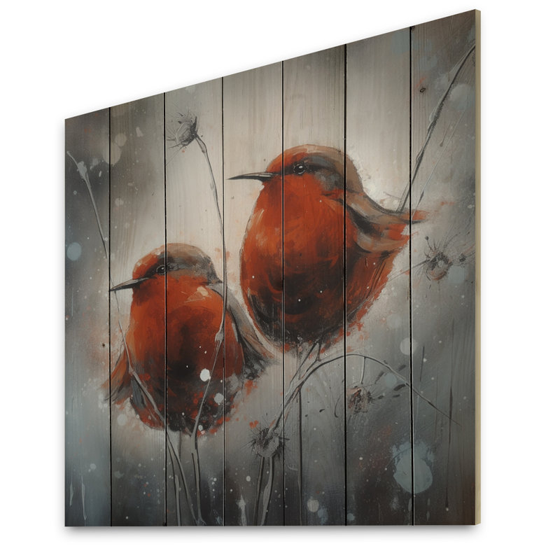 Cordara, deux oiseaux rouges assis sur une branche sur bois, H 35 po x l 35 po x P 0,78 po