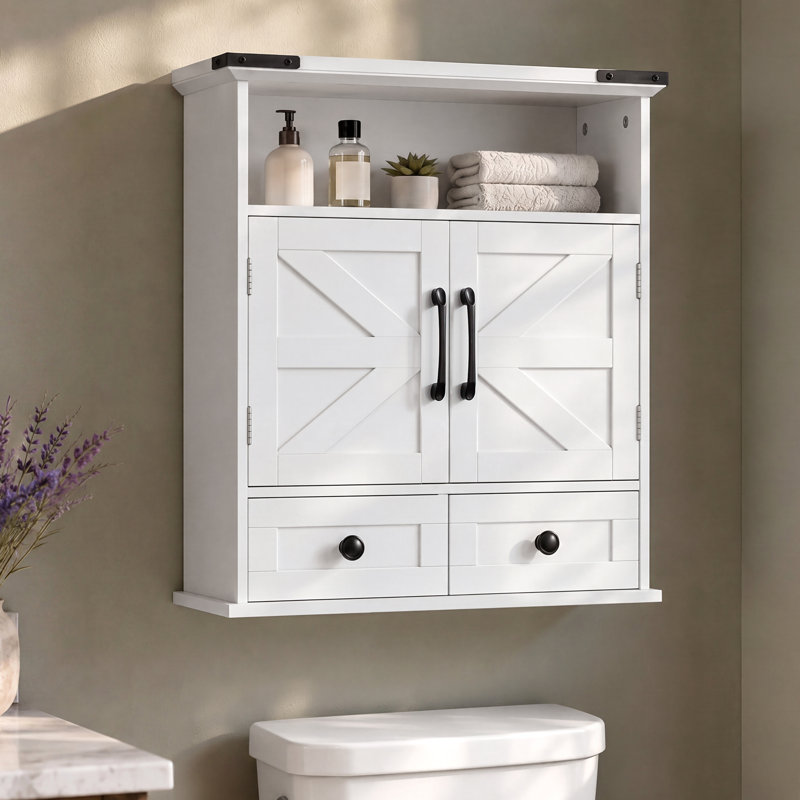 VANIRROR 23.6" W Farmhouse Wall Mounted Laundry Room Storage Cabinet with 2 Drawers, Adjustable Shelf & Motion Sensor Light