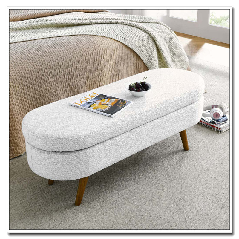 Ottoman Oval Storage Bench,Rubber Wood Legs, White